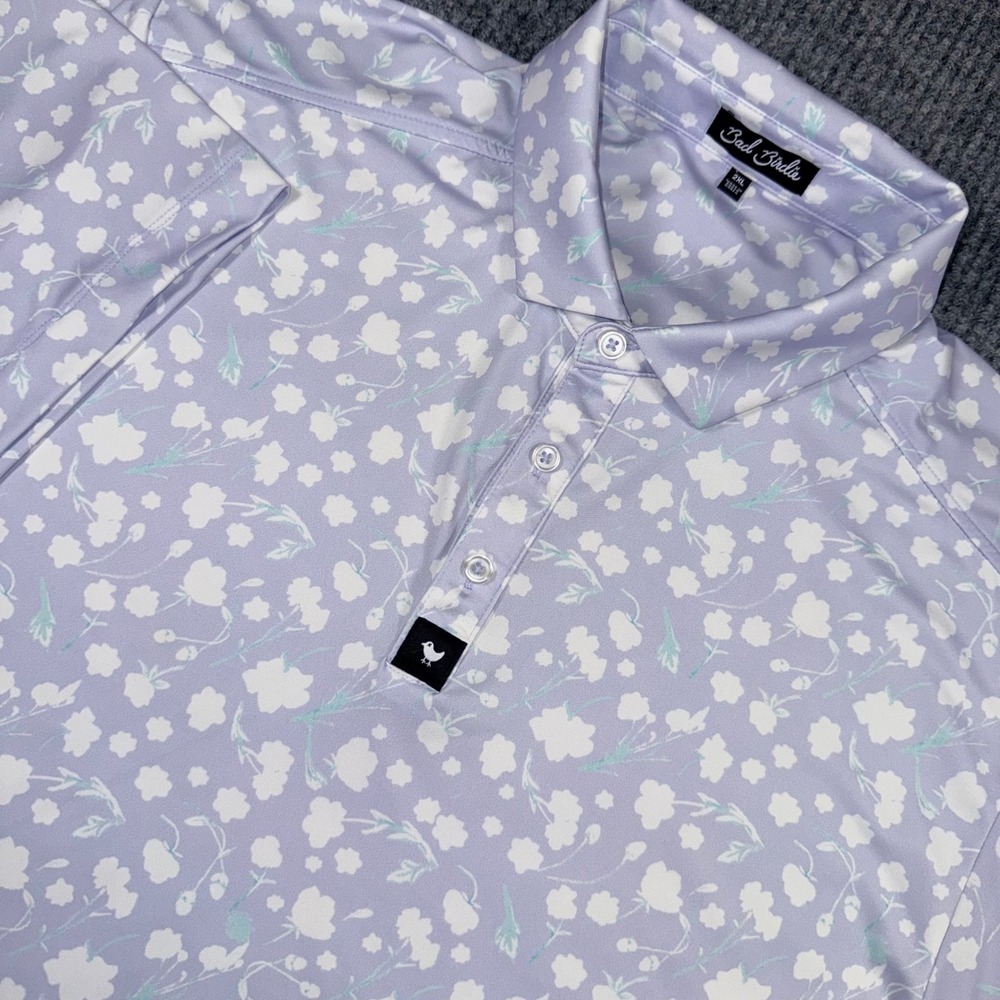 Bad Birdie Mens 2XL Lavender Floral Golf Polo Shirt Short Sleeve Stretch Stretch